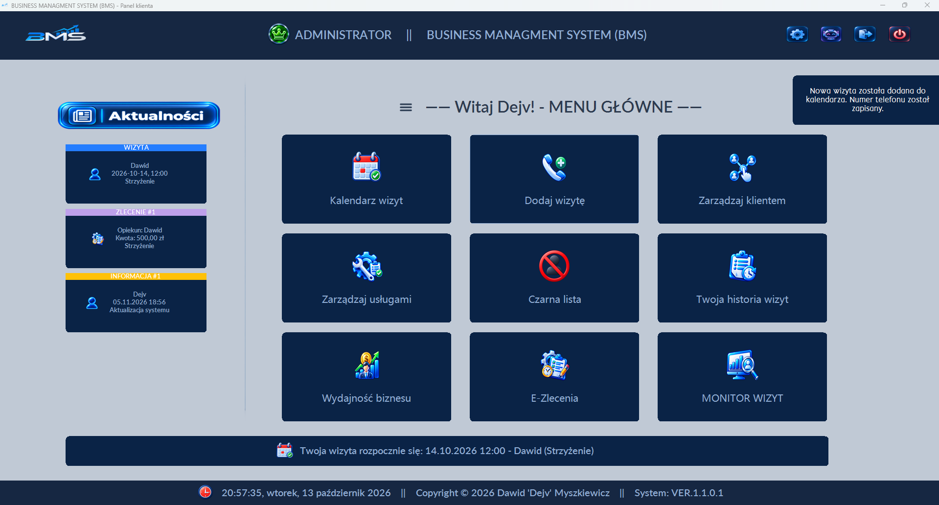 Zrzut ekranu aplikacji BMS – panel główny z kalendarzem wizyt, klientami i usługami